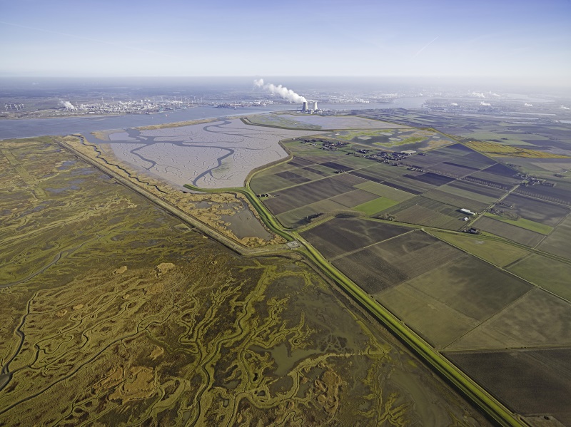 Luchtfoto van natuur, polders en de Westerschelde