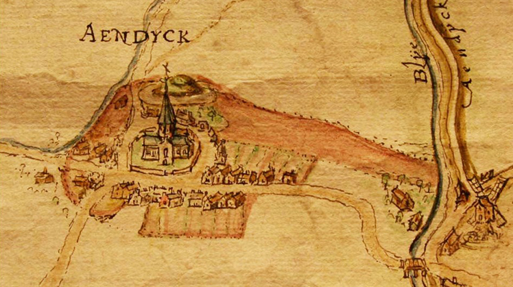 Archeologische vondsten in Zeeland Aendyck, een tekening van een dorpje