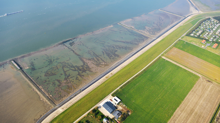 Luchtfoto van land aan de Schelde