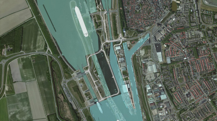 Satellietfoto met impressie Nieuwe Sluis erin gephotoshopt.