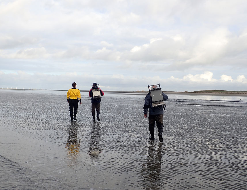 Mensen lopen over het drooggevallen zand om metingen te verrichten. ze dragen apparatuur op hun rug.