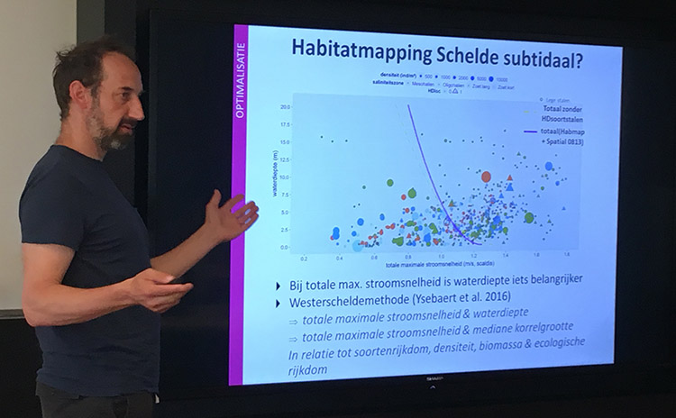 Een man presenteert. In beeld is de sheet Habitatmapping schelde subtidaal, een kaart met daarin stroomsnelheden en waterdiepte gecombineerd met korrelgrootte, soortenrijkdom, densiteit, biomassa en meer.