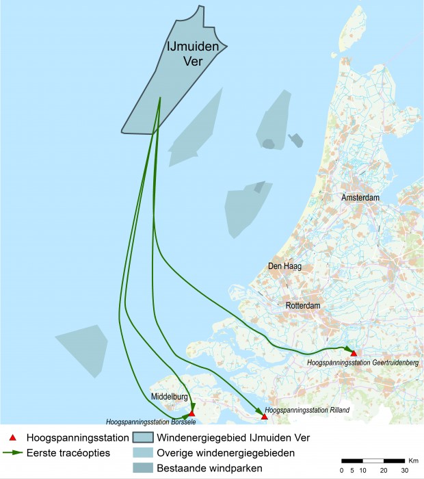Een kaart van mogelijke routes van het energienet vanuit windpark IJmuiden Ver. Een route loopt via het Haringvloet naar hoogspanningsstation Geertruidenberg. Een tweede loopt via de Oosterschelde naar hoogspannignsstation Riiland. Een derde loopt via twee leidingen (Veerse Meer en Westerschelde) naar Borssele.