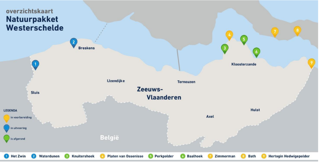 Op deze overzichtskaart zijn de geografische locaties van alle projecten van het NPW weergegeven. Helemaal ten westen aan de Vlaamse grens ligt Het Zwin, bij Breskens vind je Waterdunen, in het noordwesten Knuitershoek, de platen van Ossenisse, Perkpolder en Baalhoek; en op Zuid-Beveland Bath. Op de Vlaams-Nederlandse grens bij Antwerpen ligt de Hertogin Hedwigepolder.