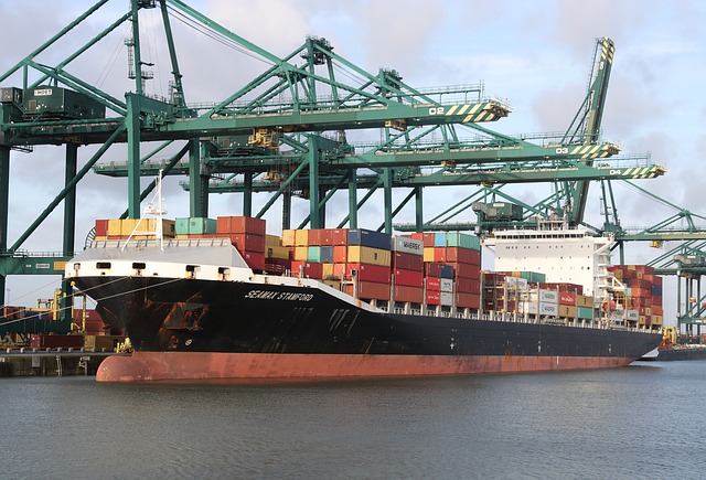 Foto van containerschip wat gelost wordt met grote kranen in de haven van Antwerpen.