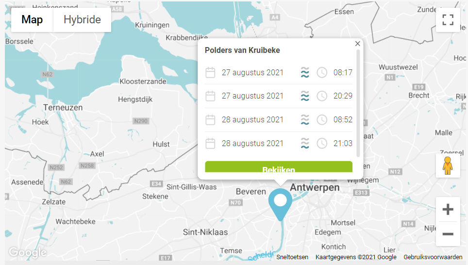 Screenshot van de toenmalige waterstanden en watervallen op een kaart-app.