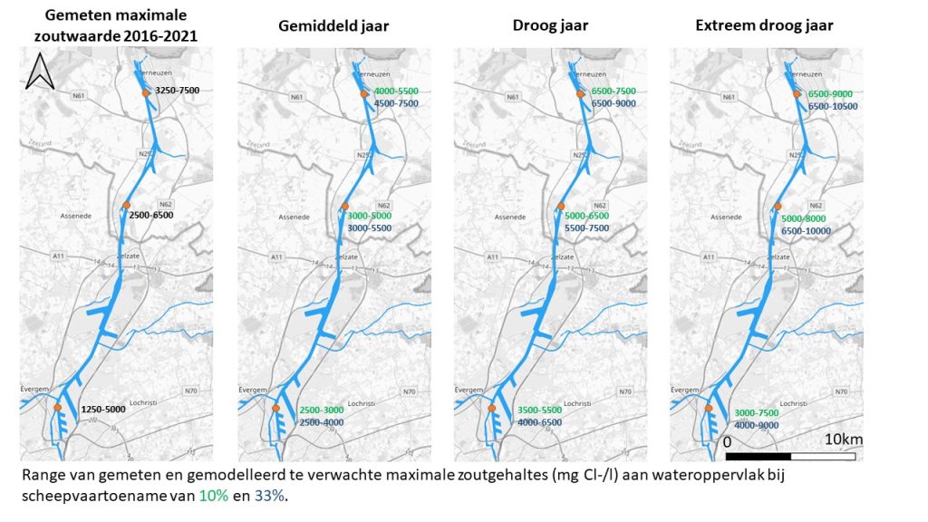 Vier kaarten van het kanaal Gent-Terneuzen met zoutgehaltes zoals gemeten in 2016-2021 en gemodelleerd voor een gemiddeld, droog en extreem droog jaar. De te verwachte maximale zoutgehaltes zijn gemodelleerd voor een scheepvaarttoename van zowel 10% als 33%.