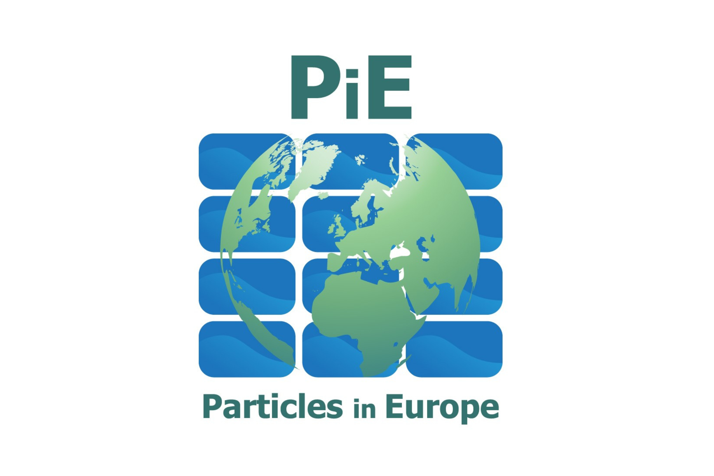 Het logo van PiE. Een grafische weergave van de zee met daarover de wereldkaart in het groen.