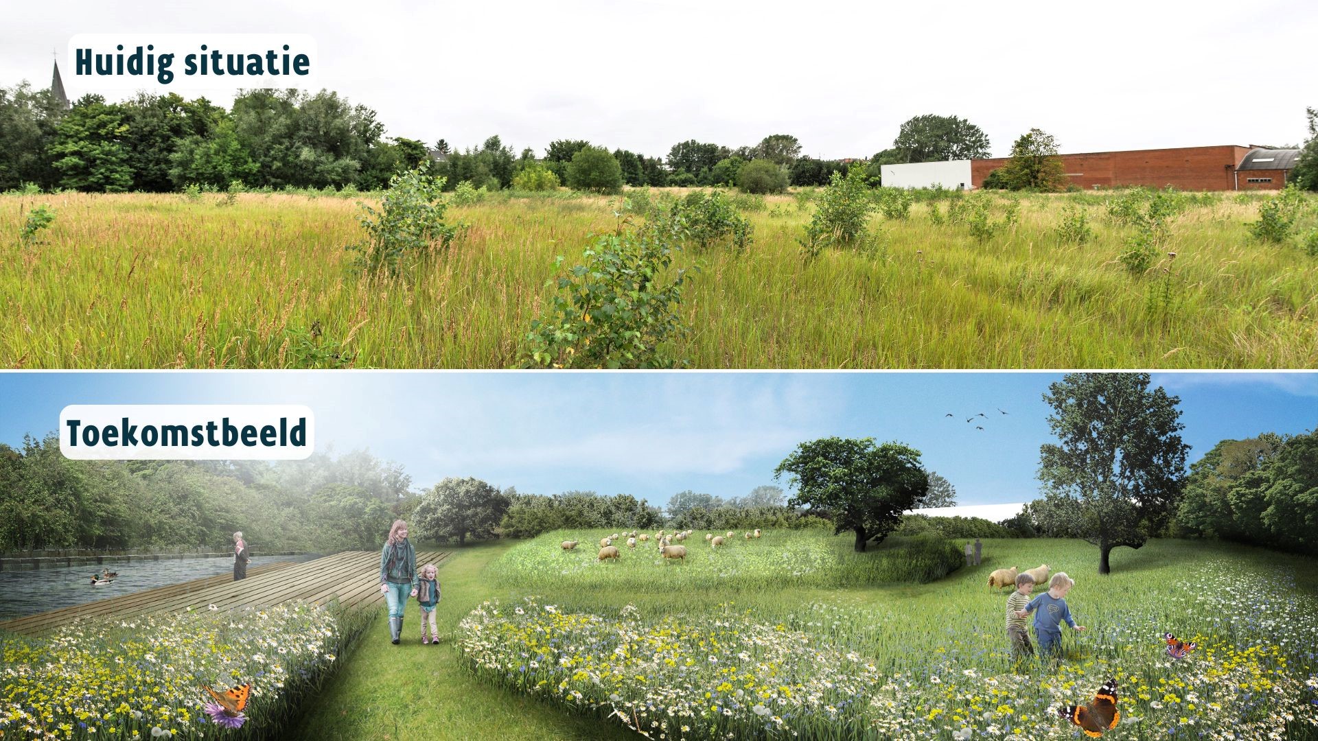 Op de bovenste foto staat het huidige landschap, eronder het toekomstbeeld. Het toekomstbeeld staat in bloed en is groen.