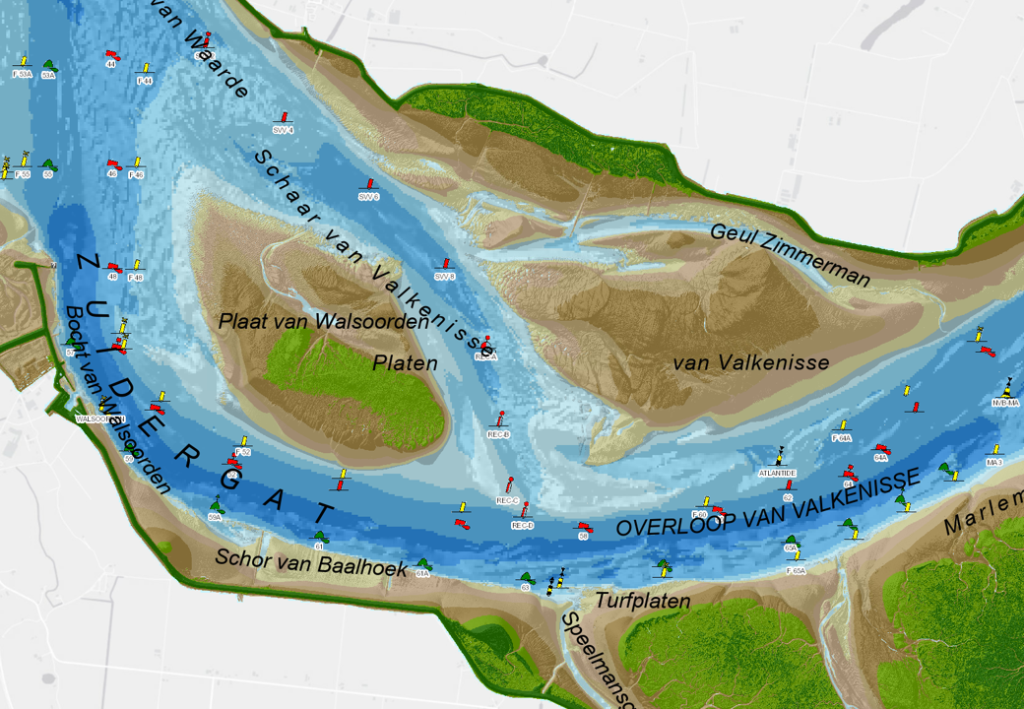 Kaart van deel Westerschelde. Te zien zijn de hoofdgeul en de Schaar van Valkenisse. De Plaat van Walsoorden ligt tussen de hoofdgeul en de Schaar. 